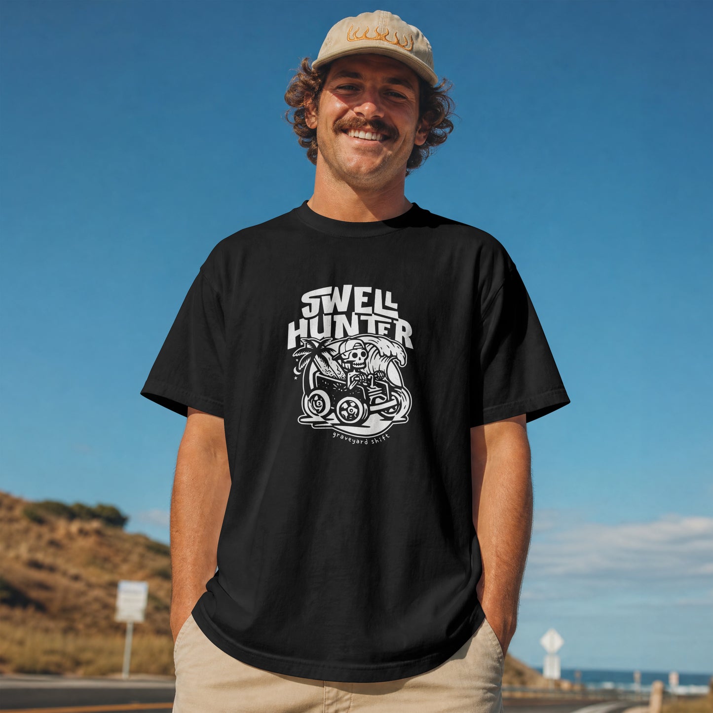 SWELL HUNTER | Heavyweight Unisex T-shirt | White on Black